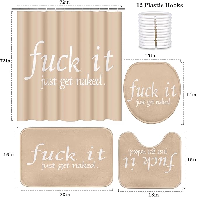 ArtSocket 4PC Funny Get Naked Beige Modern Shower Curtain Sets Bathroom Decor with Rugs, Non-Slip Rug,Toilet Lid Cover, Bath Mat and 12 Hooks 72x72 inches