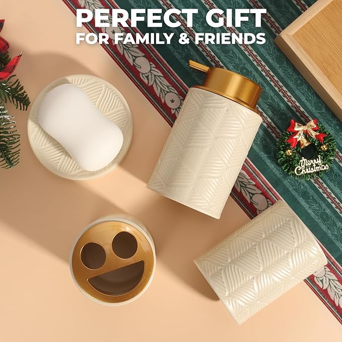 Kukikan Ceramic Bathroom Accessories Set, 4 Pcs-Includes Lotion Soap Dispenser, Toothbrush Holder, Vanity Tray, and Tumbler, Modern Bathroom Decor Organizer with Soap Dish, Apothecary Jar, Beige Color