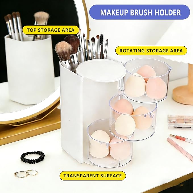 Hair Accessories Organizer With Hairbrush Holder, 3-Layer Clear Rotatable Hair Caddy And Brush Holder For Vanity, Holds Brushes, Ties, Bows, Clips & Jewelry Hair Tool Organizer Box(White)