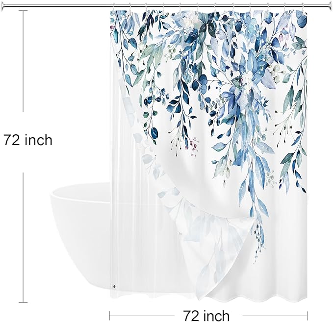 Gibelle 3 in 1 Shower Curtain Set, 72x72 Blue Eucalyptus Bath Curtain and PEVA Liner Set with 12 Metal Hooks, Waterproof Fabric Bathroom Curtain