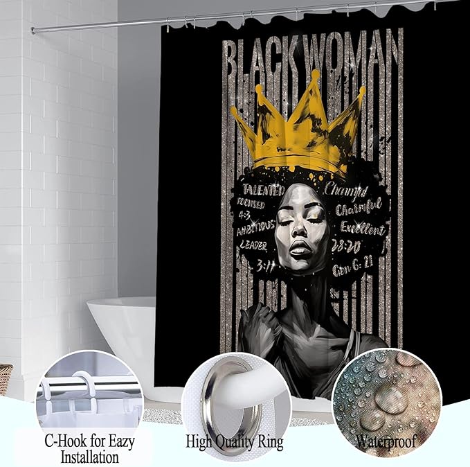 4Pcs Praying Black Queen Shower Curtain Set, Inspirational Quote Afrcian American Woman Shower Curtains with Rugs Toilet Lid Cover Bath Mat, Waterproof Valentine's Day Bathroom Decor Sets