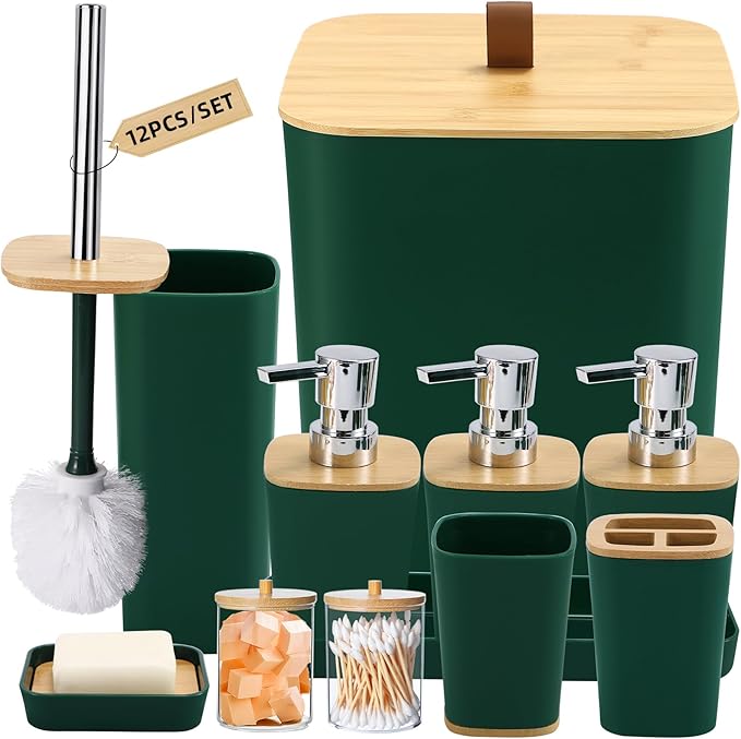 XLHOMO Dark Green Bathroom Accessories, Green Bathroom Accessories Set with Trash Can, Soap Dispenser, Toothbrush Holder, Toothbrush Cup, Soap Dish, Toilet Brush, Tray and Q-tip Holders