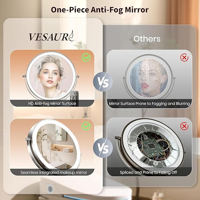 8.5" Wall Mounted Lighted Makeup Mirror, 3000 mAh Rechargeable Double-Sided 1X 10X Magnifying Mirror, 3 Color Lighting, Touch Screen Dimming, Extended Arm 360 Rotation Shaving Bathroom Mirror