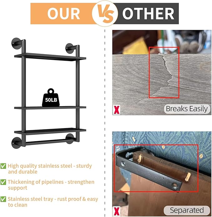 Bathroom Shelves Wall Mounted, 3 Tier Bathroom Shelf with Towel Bar, 26in Stainless Steel Floating Pipe Racks Over Toilet, Wall Shelves for Bathroom Laundry Room Kitchen Storage