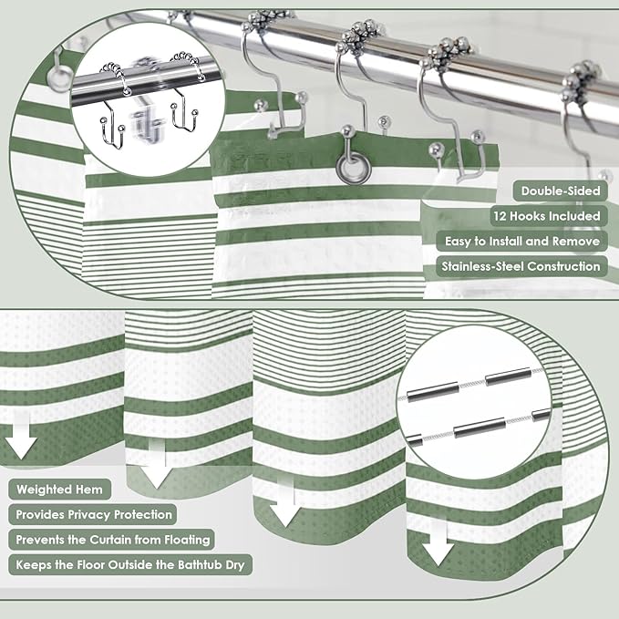 Britimes Sage Green Bathroom Sets with Shower Curtain and Rugs, Modern Striped Checkerboard Waterproof Shower Curtain Liner and Soft Non Slip Bath Mat for Bathroom Decor and Accessories Hooks