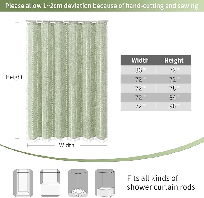 MitoVilla Sage Green Shower Curtain 72 x 78, Boho Farmhouse 78 inch Long Polyester Linen Tassel Ultra Thick Heavy Duty Fabric Shower Curtains for Chic Cottagecore French Rustic Bathroom Decor