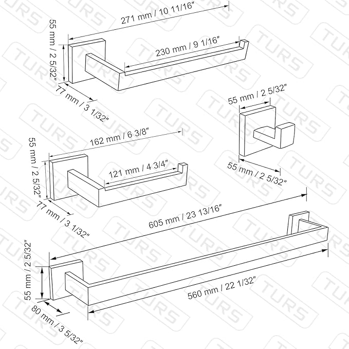TURS 4-Piece Bathroom Hardware Set Black Towel Bar Set Stainless Steel Towel Bar Hand Towel Holder Toilet Paper Holder Towel Hooks Wall Mount