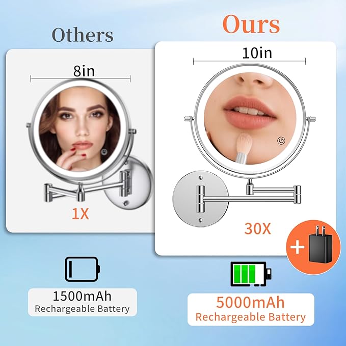 FUNTOUCH 5000mAh Rechargeable Wall Mounted Makeup Mirror with Lights, 9" Double Sided 1X/30X Magnifying Mirror with Dimmable 3 Color Light, Extended Swing Arm 360° Wall Mount Bathroom Mirror,Chrome