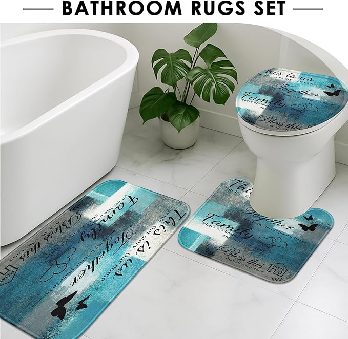 Family Home Motivational Shower Curtain Set with Toilet Lid Cover and Non-Slip Rugs for Bathroom, Turquoise Teal Abstract Painting Art 4 Pcs Shower Curtain, Modern Bathroom Set with 12 Hooks