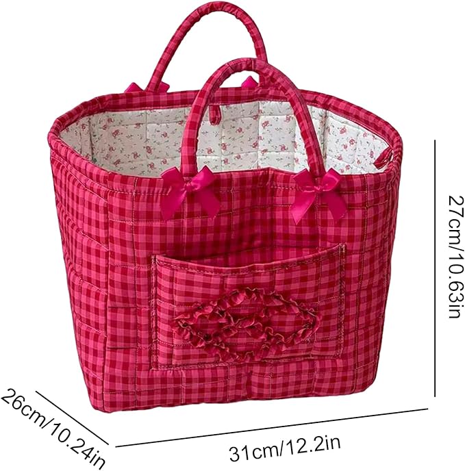Quilted Fabric Basket Car Storage Basket Boho Floral Laundry Hamper for Nursery Bedroom & Living Room | Organize Clothes Toys (Hot Pink Gingham Check)