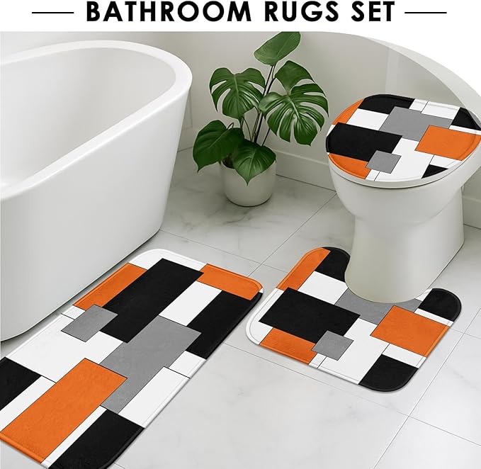 Orange Geometric Shower Curtain Set with Toilet Lid Cover and Non-Slip Rugs for Bathroom, Black White Grey Checkered 4 Pcs Shower Curtain, Modern Abstract Bathroom Set with 12 Hooks