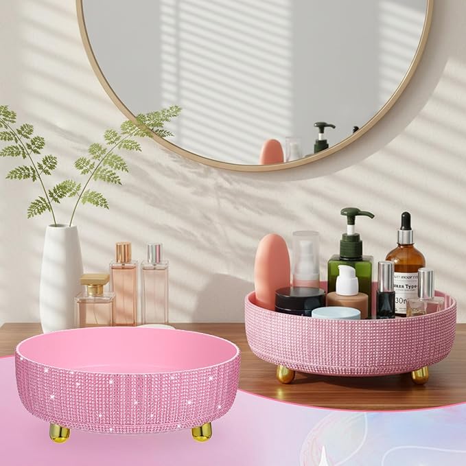 1 PCS 360 Rotating Perfume Organizer, Bling Pink Makeup Organizer Rotating Bathroom Organizers with Rhinestone for Bedroom, Dresser, Tabletop, Cosmetics and Perfume Organization