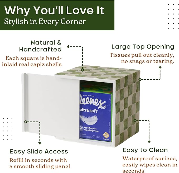 CHI AN HOME 5.7" Square Tissue Box Cover, Handmade Checkered Cube Tissue Box Cover with Capiz Shells, Decorative Tissue Holder for Living Room, Bathroom, Bedroom or Office (Pistachio Green)