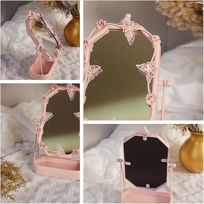 HSDDHOME Vintage Pink Gold Tabletop Makeup Mirror, Bird & Butterfly Decorative Vanity Mirror, 12.8” x 8.2” Retro Metal Standing Mirror for Dresser, Bedroom, and Bathroom (Pink)