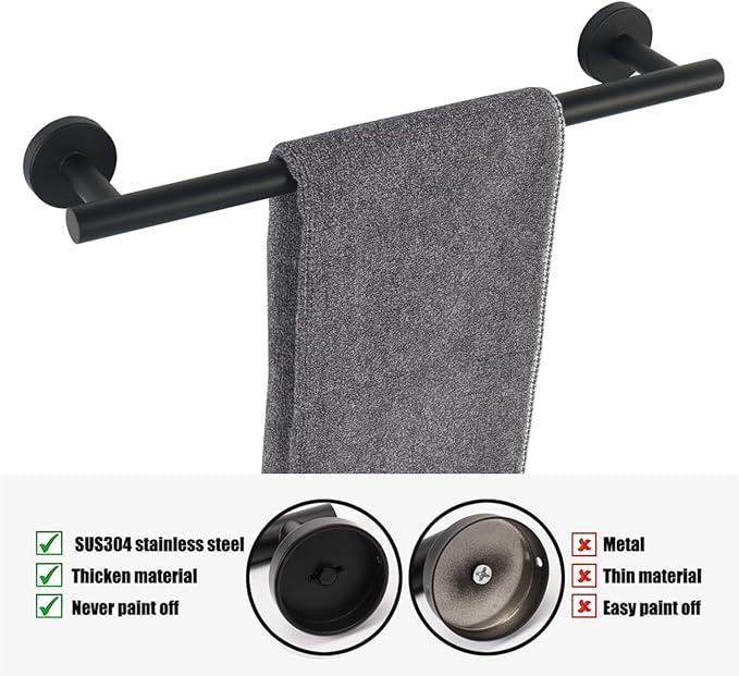 TocTen Bath Towel Bar - 2 Pack Thicken SUS304 Stainless Steel Towel Rack for Bathroom, Bathroom Hardware Accessories Towel Rod Heavy Duty Wall Mounted Towel Holder (24 Inch, Matte Black)