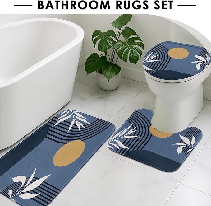 Boho Mid Century Shower Curtain Set with Toilet Lid Cover and Non-Slip Rugs, Abstract Geometric Blue Background 4 Pcs Modern Minimalist Vintage Shower Curtain for Bathroom Set with 12 Hooks