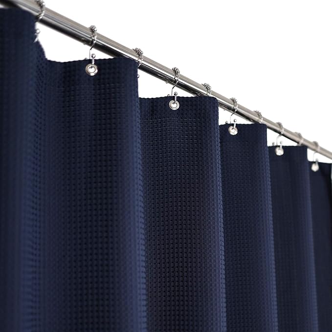 Barossa Design Stall Shower Curtain Fabric 36 x 72 Inch, Waffle Weave, Hotel Luxury Spa, 230 GSM Heavy Duty, Water Repellent, Navy Pique Pattern Decorative Bathroom Curtain