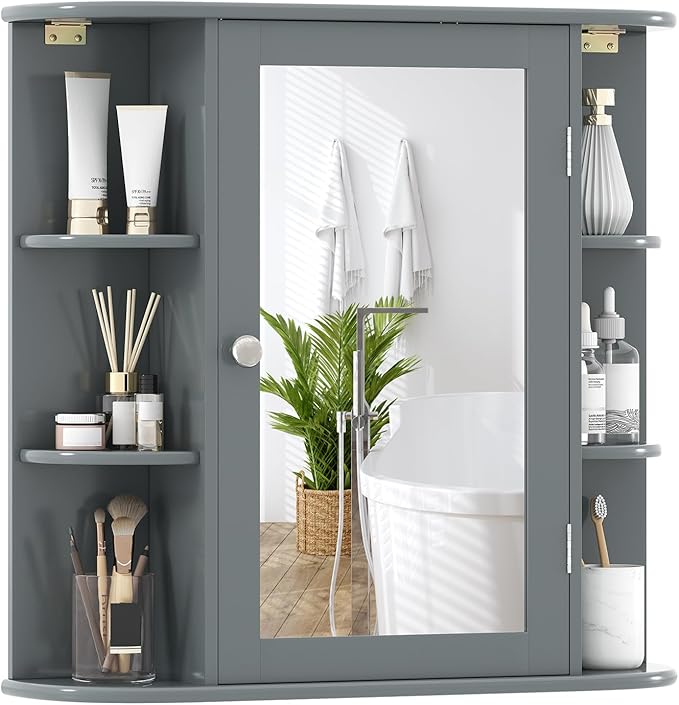 Giantex Bathroom Mirror Cabinet, Wall Mounted Medicine Cabinet with Mirrored Door & 4 Interior Shelves, 6 Open Shelves, Mounting Hardware, Space-Saving Storage Cabinet