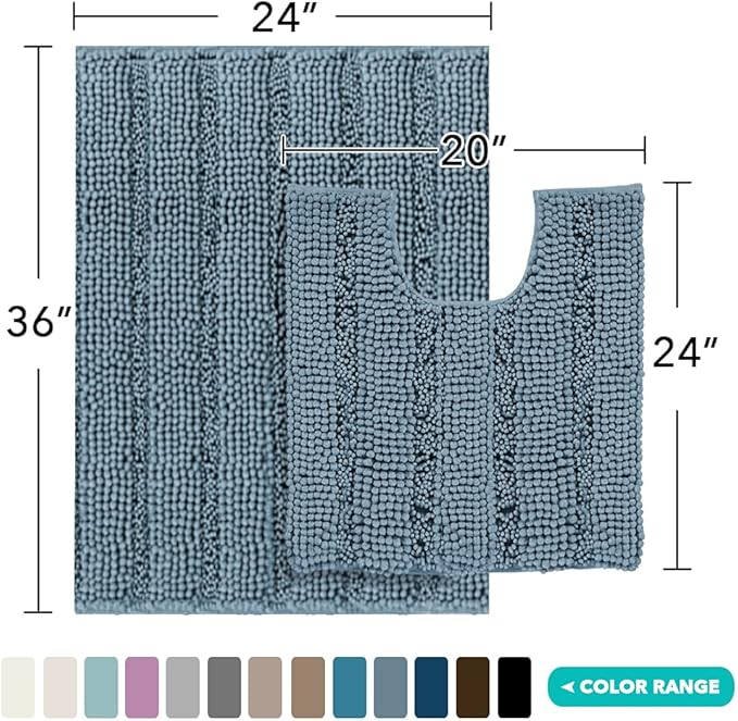 Turquoize Chenille Bathroom Rugs Set Non-Slip Bath Mats for Bathroom Super Absorbent Shaggy Rugs for Tub Toilet Soft Bath Rug Plus U Contour Rug (Oversized: 24" x 36" and 20" x 24" U), Stone Blue