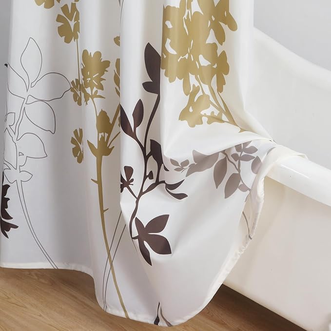 Extra Long Fabric Shower Curtain, Beige Brown Grey Floral Plant Shower Curtains for Bathroom, 72" W x 84" H