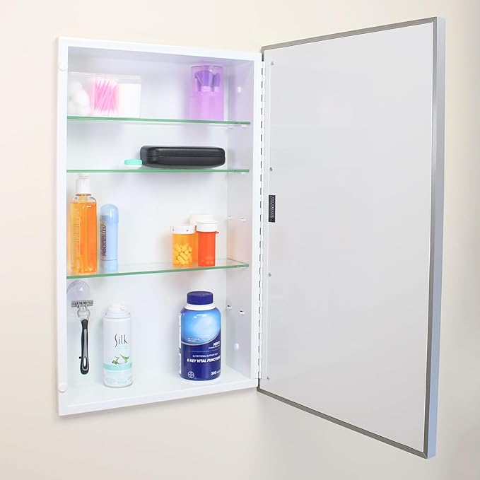 Fox Hollow Furnishings 16x26 Parker Metro Metal Framed Rectangle Recessed Bathroom Medicine Cabinet, Floating Mirror, 14x24 in-Wall Opening, Adjustable Glass Shelves, Magnet Close, Brushed Nickel