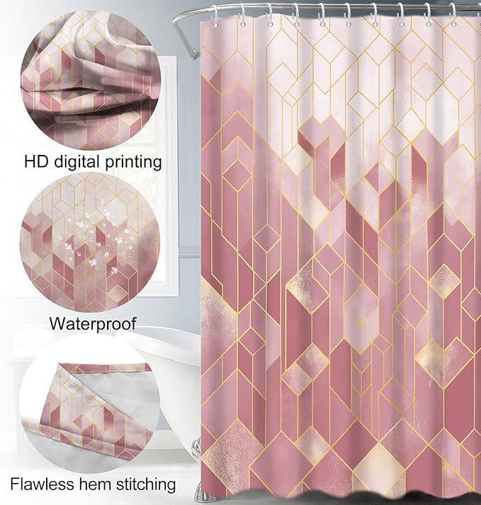 Lnond 4Pcs Bathroom Sets with Shower Curtain and Rugs, Pink Bathroom Shower Curtain Sets, Pink Gradient Modern Bathroom Decor Sets with Rugs and Accessories