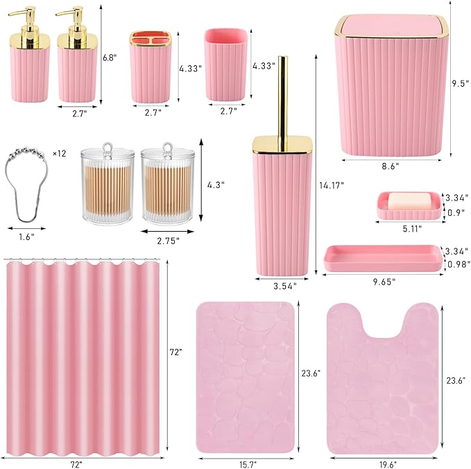 XLHOMO Bathroom Set with Shower Curtain and Rugs- 25PC Bathroom Accessory Set, Pink Bathroom Set, Toilet Brush, Trash Can, Qtip Holder & Soap Dispenser