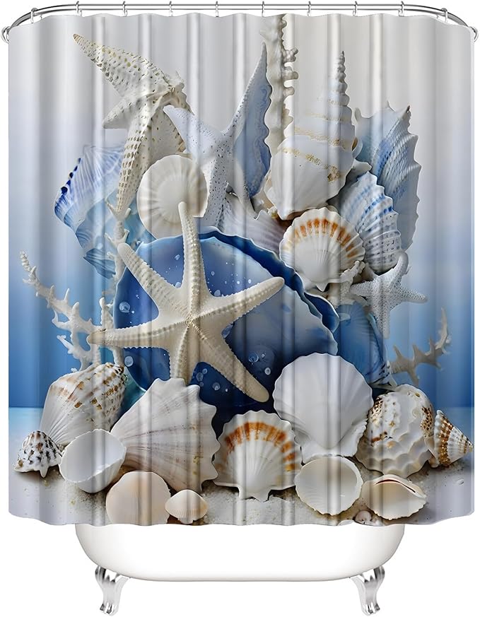 Chrainy 4Pcs Beach Conch Shower Curtain Sets Sea Shell Bathroom Set Decor with Non-Slip Rugs Bath U-Shaped Mat Toilet Lid Cover Waterproof Starfish Bathroom Curtain Shower Set with 12 Hooks