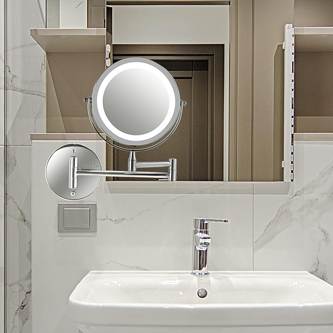 OVENTE 6.8" Lighted Wall Mount Makeup Mirror, 1X & 7X Magnifier, Adjustable Double Sided Round LED, Extend, Retractable & Folding Arm, Compact & Cordless, Battery Powered Polished Chrome MFW70CH1X7X