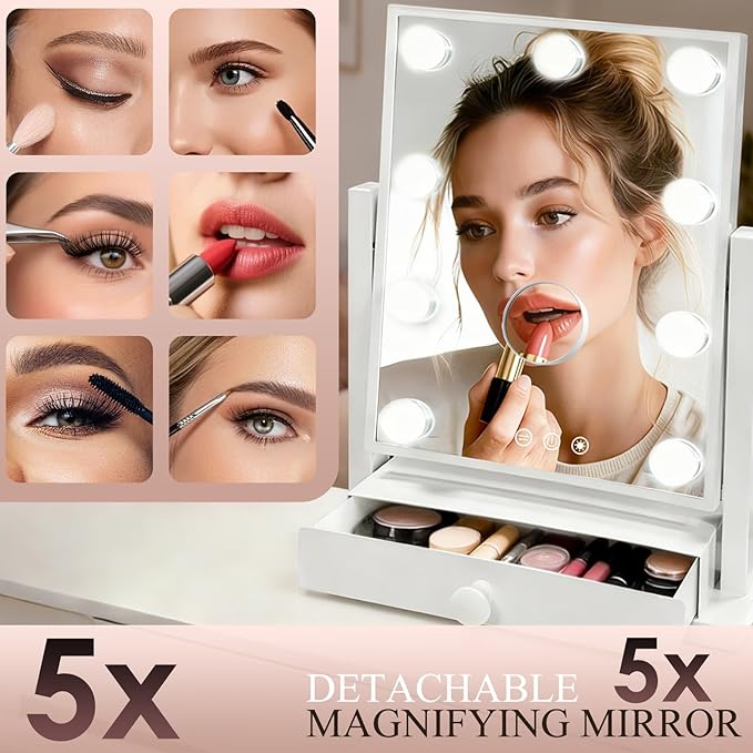 COLMERD Vanity Mirror with Lights with Drawer, Type-C and USB Charging Port, Hollywood Makeup Mirror with 9 LED Bulbs, 3 Colors Dimmable, Touch Control, Detachable 5X Magnification, Gifts for Women