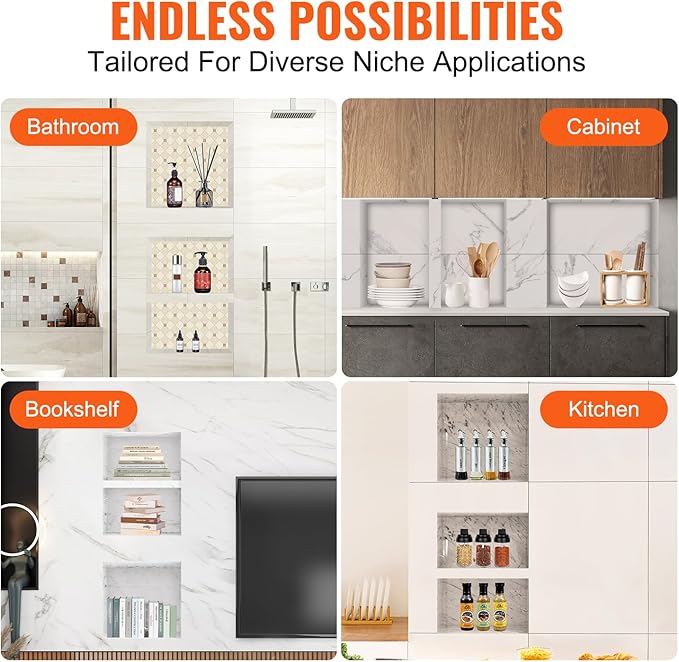 VEVOR Shower Niche Ready for Tile 16" x 16" & 16" x 20", Triple Shelf Organizer, Square Corners Wall-Inserted Niche Recessed, Sealed Protection Modern Soap Storage Niche for Shower Bathroom, Black