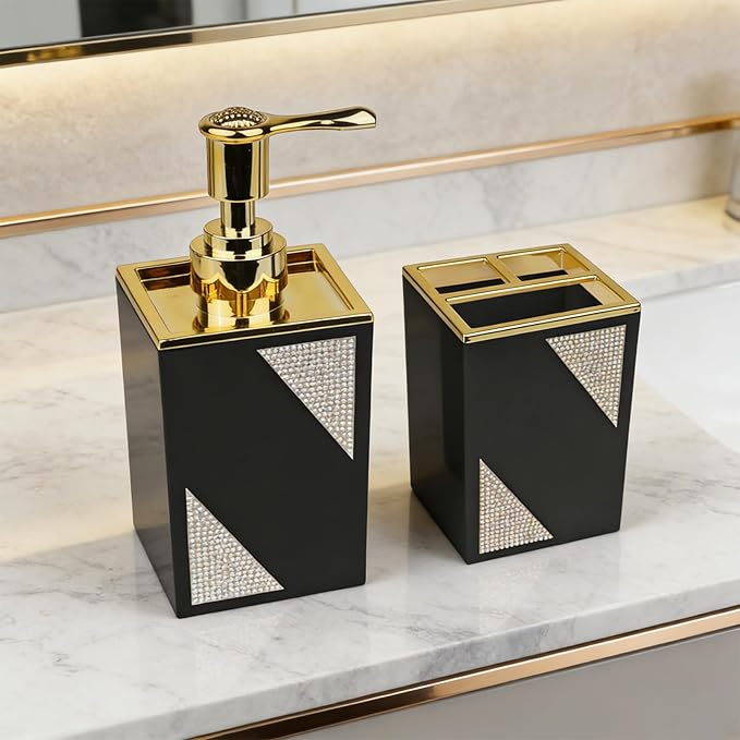 Bathroom Accessories Set, Square 2-Piece Black Soap Dispenser & Toothbrush Holder with Sparkling Inlaid Diamonds, Modern Geometric Vanity Set