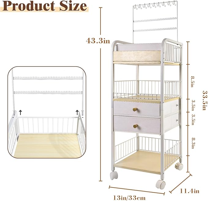 Makeup Cart, Makeup Organizer Cart with Wheels, Rolling Floor Skincare Organizer, Jewelry Organizer for Earring Necklace, Vanity Storage Drawers for Skincare Perfume Nail Polish Brush