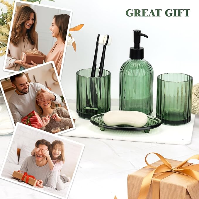 Bathroom Accessories Set, 4Pcs Glass Bathroom Accessories Sets Complete Lotion Soap Dispenser, Toothbrush Holder, Mouthwash Cup, Soap Dish for Bathroom Decor, Countertop Organizer (Green)