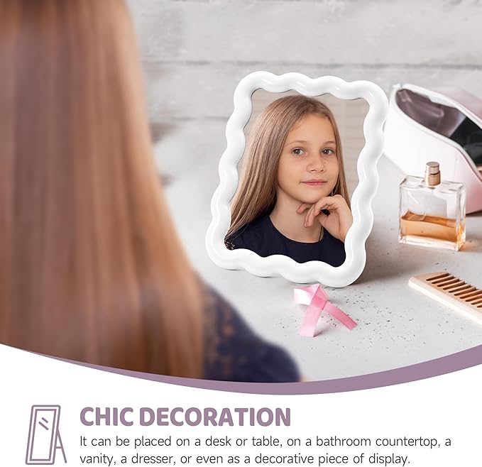 Philbinden Cute Wave-Shaped Desk Vanity Makeup Mirror,Portable Aesthetic Folding Mirror Travel Make Up Mirror for Standing/Hanging,Home Decorations Mirror for Women Girls (1, White)