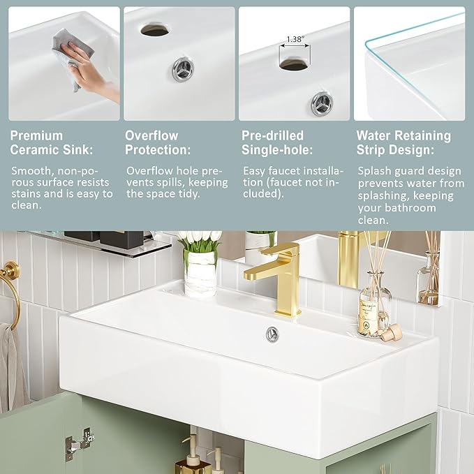Virubi 21.6 in Small Bathroom Vanity with Sink,Doors and Storage Shelves,Wood Modern Single Fluted Bathroom Sink Cabinet Freestanding (Green,Right Shelf)