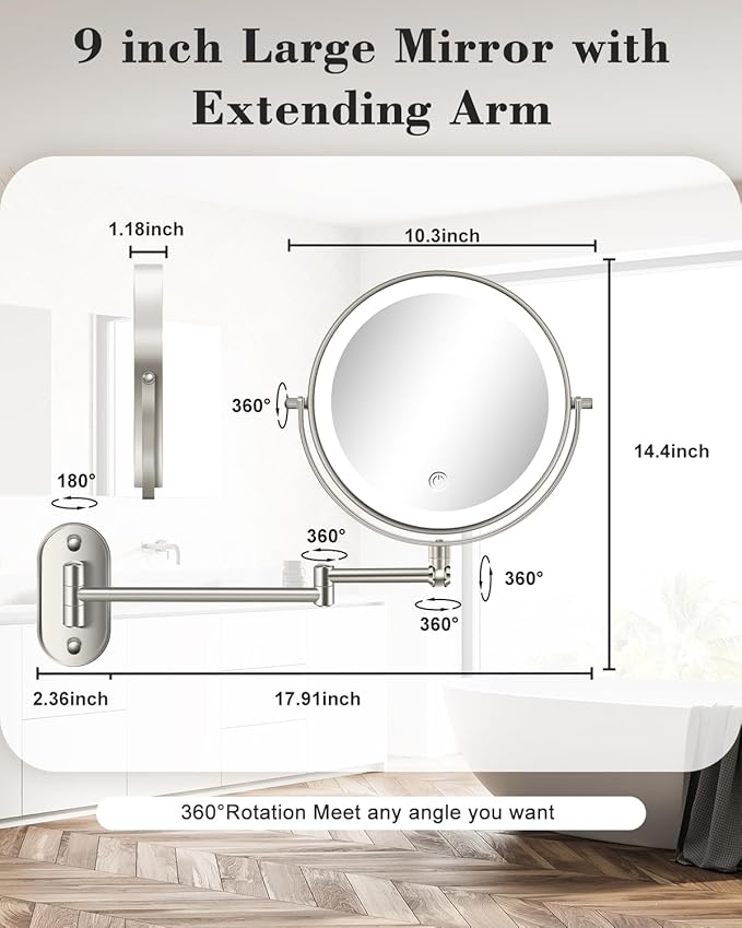 vpu 9" Wall Mounted Makeup Mirror with Light, 20X/1X Height Adjustable Double Sided Magnifying Bathroom Lighted Mirror, 3 Color Touch Dimmable Extended Arm 360 Rotation Light up Magnification Mirrors