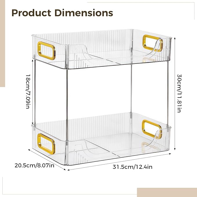 Removable Storage Rack for Skincare and Toiletries, Double Layer Bathroom Shelf Organiser, Clear Plastic Bathroom Countertop Organizer with Gold Handles, Bathroom Tray Organiser