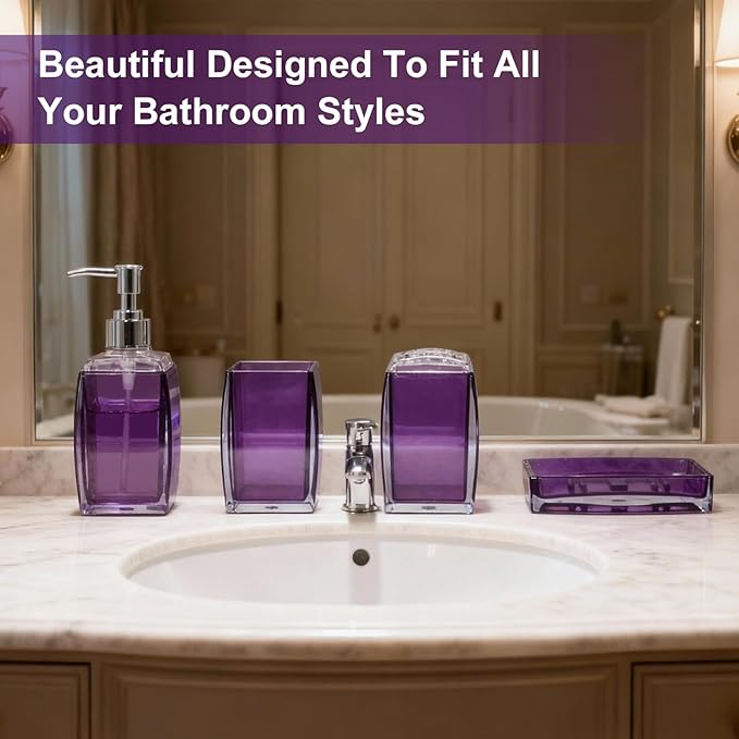 Bathroom Accessories Set Purple Clear Acrylic Bathroom Counter Set with Soap Dispenser, Toothbrush Holder, Tumbler, Soap Dish, Gift for Home Bathroom Decor