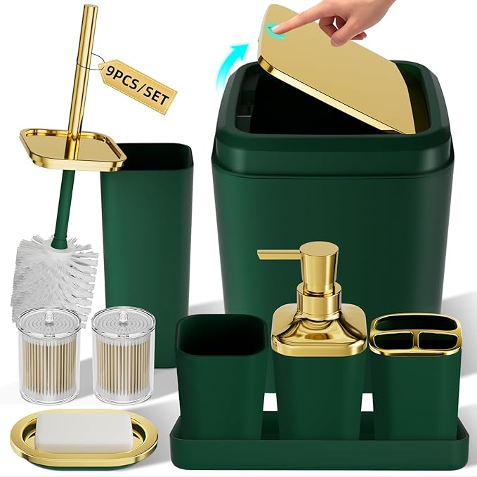 XLHOMO Bathroom Accessories Set - Luxury Green Bathroom Set, 9 Pieces Bathroom Accessory Set, Dark Green Bathroom Accessories with Trash Can, Toilet Brush & Soap Dispenser