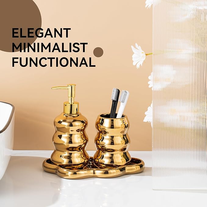 Gold Bathroom Accessory Set, 3-Piece Gold Ceramic Bath Accessories Set with Tray, Lotion Dispenser, and Tumbler for Luxurious Bathroom Decor