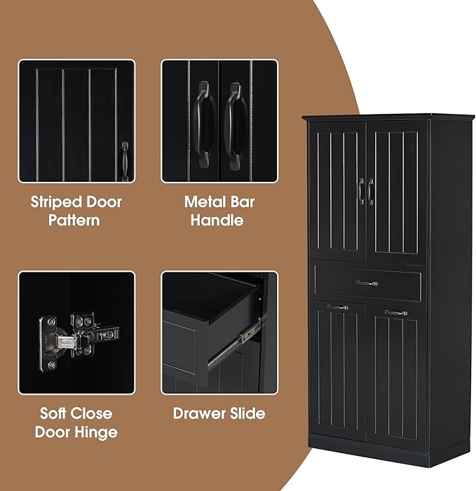 Virubi Tall Tilt Out Laundry Cabinet with 2 Tilt Out Laundry Hamper, Wood Bathroom Storage Cabinet with Doors,Drawers and Adjustable Shelves Freestanding (Black)