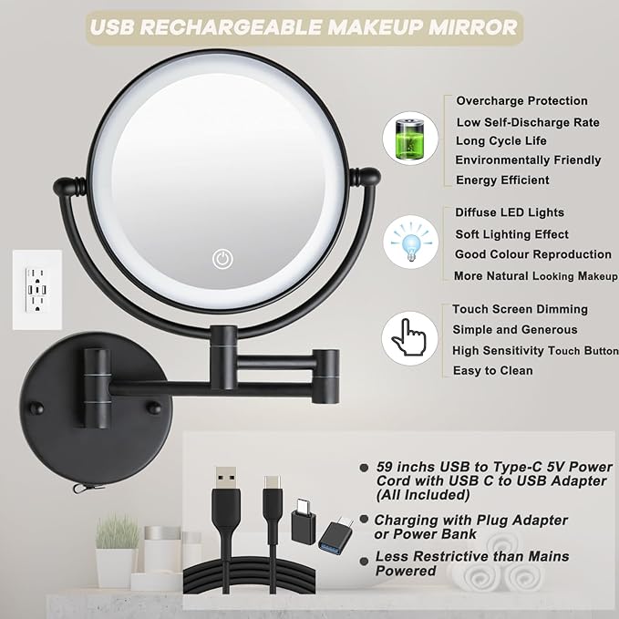 Brass Lighted Wall Mounted Mirror Magnifying 1×10×, 8-Inch Rechargeable Double Sided, Touch Dimmable Extended Arm 360 Rotation Cosmetic Mirror for Bathroom, Matt Black