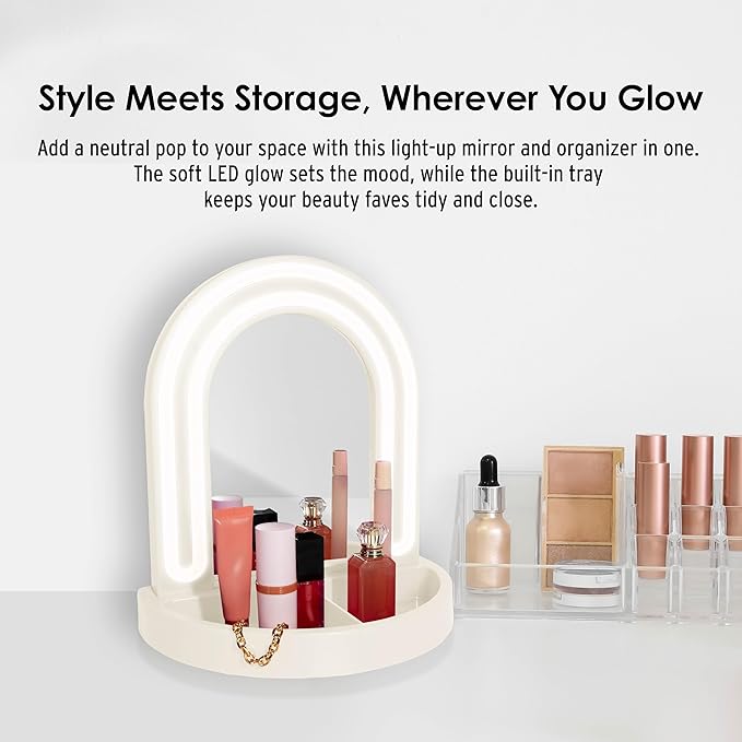 Glass Mirror with White LED, Wall Mirror for Bedroom, Living Room, or Hallway, USB Powered Lighted Mirror with Detachable Base, Body Mirrors for Bedroom & Home Décor, Ivory