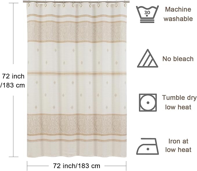 Fabric Shower Curtain, Beige Stripe and Taupe Damask Print Shower Curtains for Bathroom, Waterproof Bathroom Curtains, 72" W x 72" H