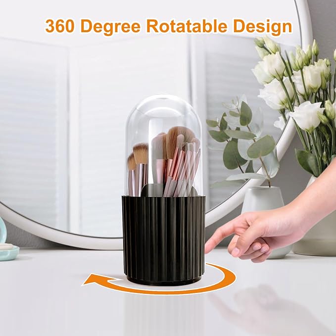 Makeup Brush Holder Organizer with Lid 360 Rotating Dustproof Storage Organizer, 5-Slot Makeup Brush Cup, Multifunctional Pen Holder for Makeup Brush Mascara or Eyeliner(Black)