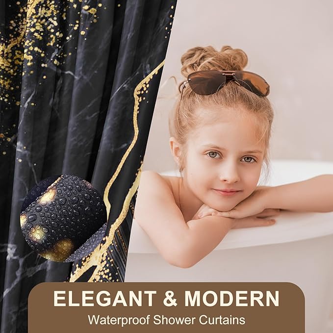 XLHOMO Bathroom Set Bathroom Sets with Shower Curtain and Rugs,Black Bathroom Accessories Set Waterproof Black and Gold Shower Curtain Set