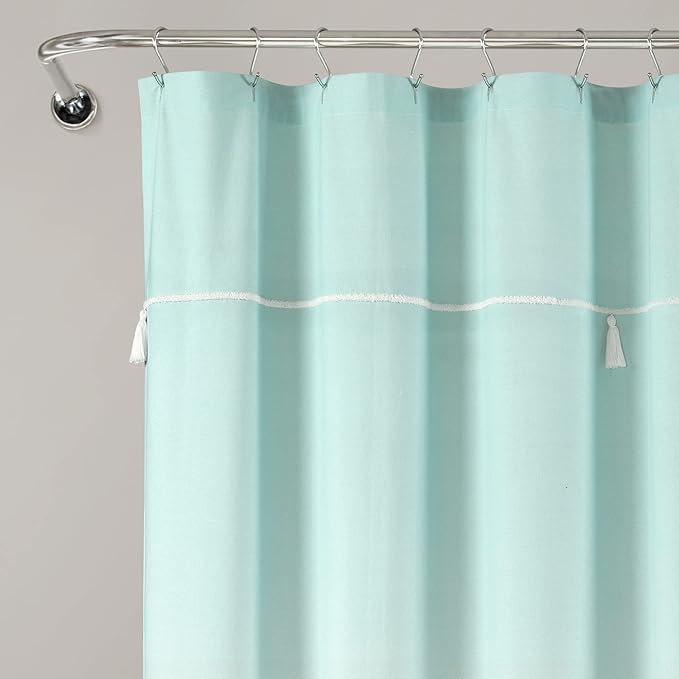 Lush Decor Ombre Embroidery Tassel Cotton Shower Curtain Single 72" W x 72" L Aqua - Blue Shower Curtains for Bathroom - Ombre Bathroom Curtain