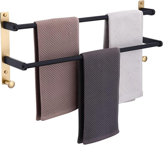 Double Towel Rack with Hooks, 24 Inch Stainless Steel Towel Bar - Wall Mounted Towel Holder for Bathroom, Black & Gold