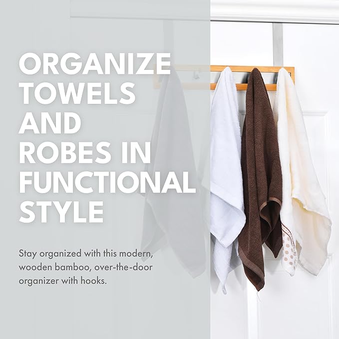 ToiletTree Products Bamboo Stainless Steel Over-the-Door Towel Hooks - Durable Coat, Clothes, and Towel Rack to Use in the Bathroom, Laundry Room, and Closet - 5 Hooks